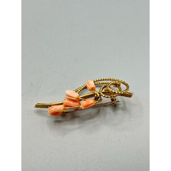 Vintage Floral Carved Coral Flowers Gold Tone Pin Brooch Small Pink Roses - Picture 4 of 6